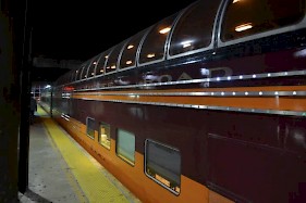 An LED light display jazzes up the streamlined sides of the Milwaukee Road Super Dome.