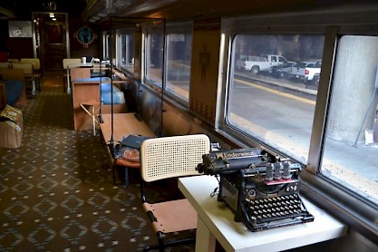 Twitter-linked 1890s typewriter in a 1950s ex-Santa Fe coach.