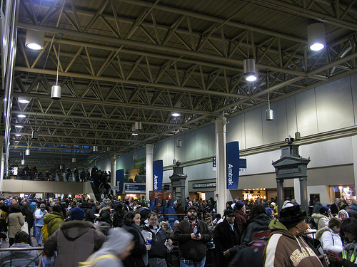 Packed Amtrak waiting area at Washington, DC Union Station.