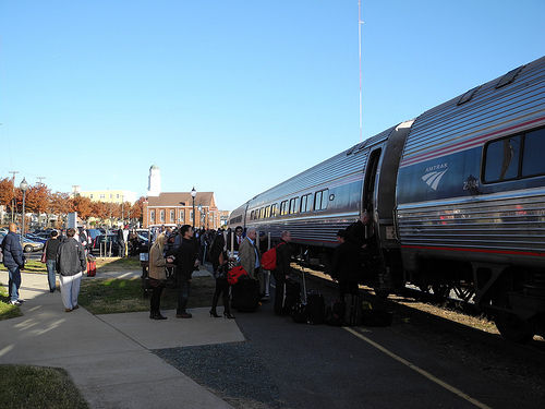 Amtrak's eastbound Cardinal boards at Charlottesville, VA on Nov. 6, 2011.