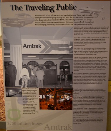 Slanted display about Amtrak history at the Union Pacific Railroad Museum.