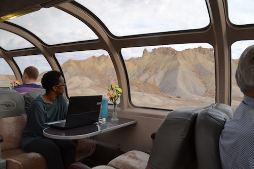 Maggie, one of my fellow travelers, takes in the view in eastern Utah from the Silver Lariat dome car.