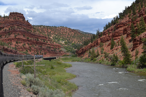 Winding through a red-rock canyon of the Colorado River in north-central Colorado.