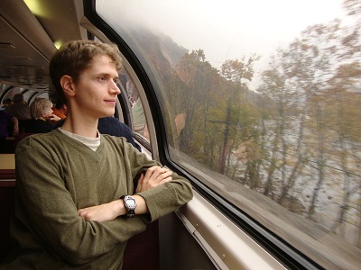 Kenton contemplates the New River Gorge aboard Amtrak's Cardinal in 2011.