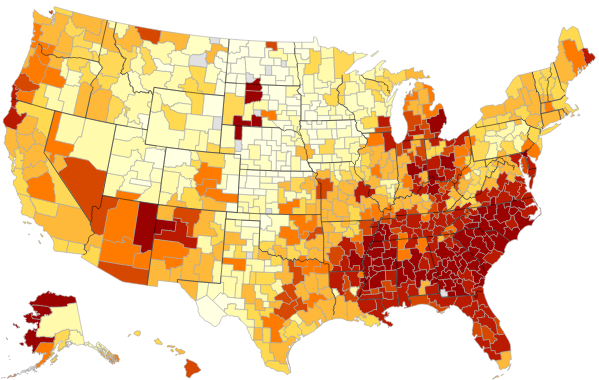 Lighter colors represent areas where children from low-income families are more likely to move up in the income distribution.